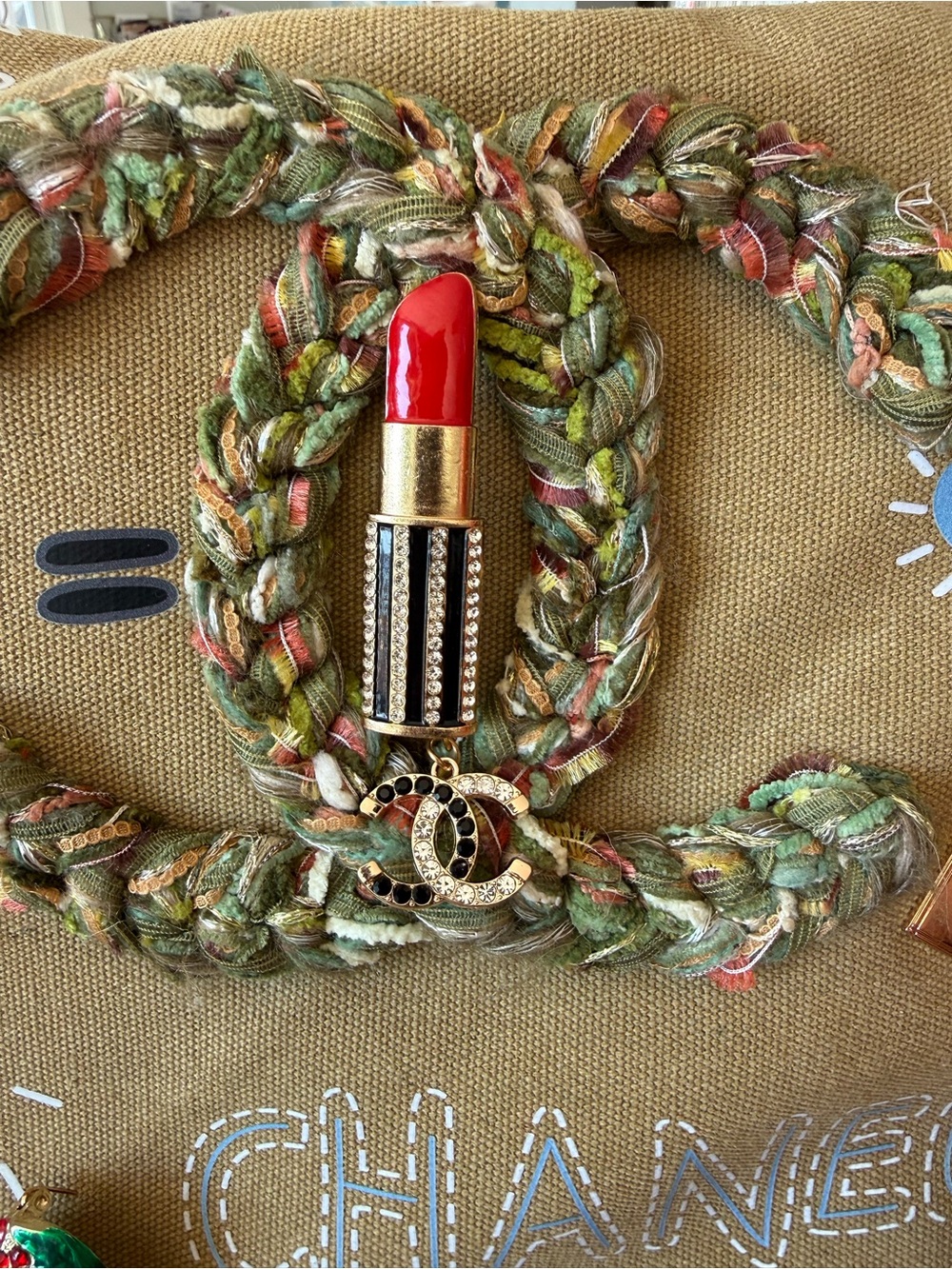 Red, Black and Gold Lipstick Brooch with Crystal Charm
